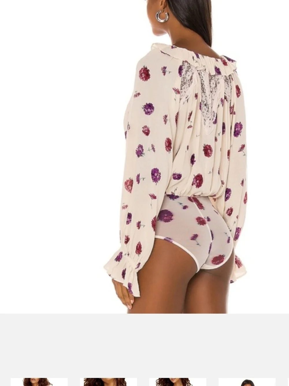Free People Cream Blouse with Purple Floral Print and Ruffle V-Neck
